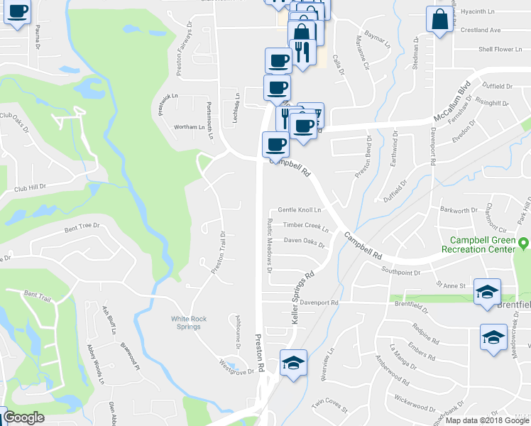 map of restaurants, bars, coffee shops, grocery stores, and more near 16815 Rustic Meadows Drive in Dallas