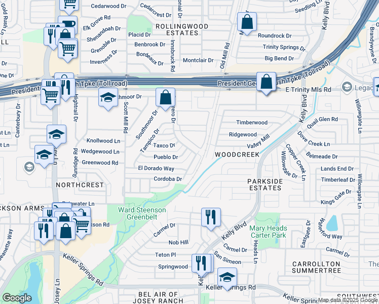 map of restaurants, bars, coffee shops, grocery stores, and more near 2134 Pueblo Drive in Carrollton