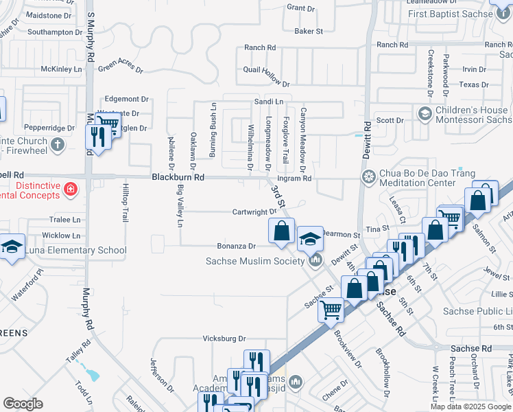 map of restaurants, bars, coffee shops, grocery stores, and more near 2003 Cartwright Drive in Sachse