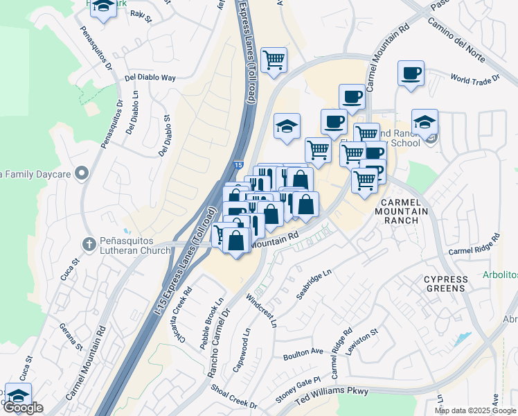map of restaurants, bars, coffee shops, grocery stores, and more near 11608 Rancho Carmel Drive in San Diego