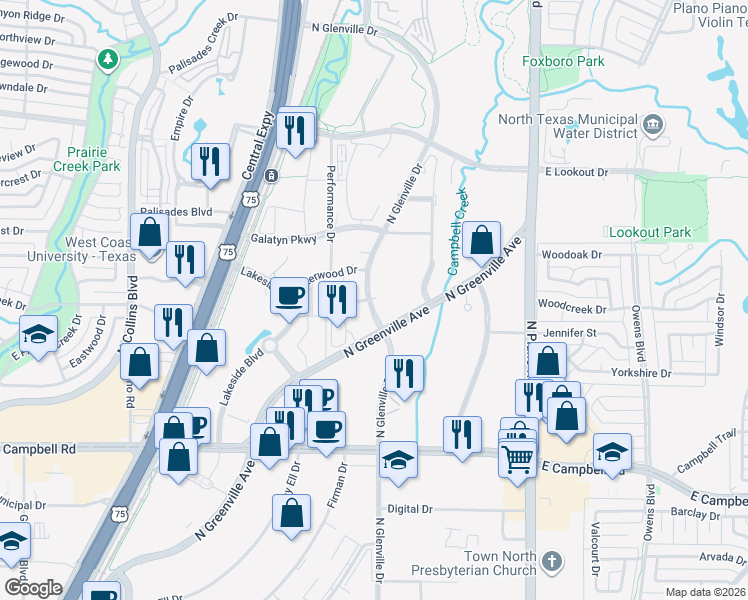 map of restaurants, bars, coffee shops, grocery stores, and more near 2220 North Glenville Drive in Richardson