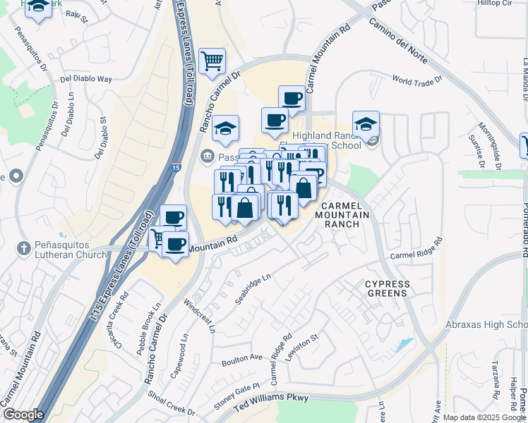 map of restaurants, bars, coffee shops, grocery stores, and more near 11846 Carmel Mountain Rd in San Diego