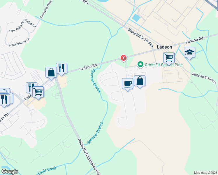 map of restaurants, bars, coffee shops, grocery stores, and more near 3648 Pimmit Place in Ladson