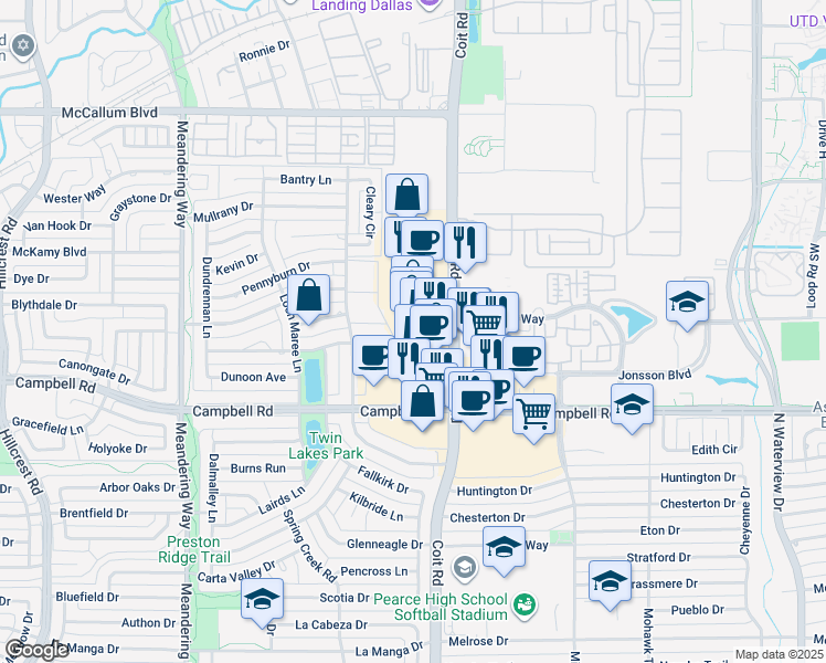 map of restaurants, bars, coffee shops, grocery stores, and more near 16631 Coit Road in Dallas