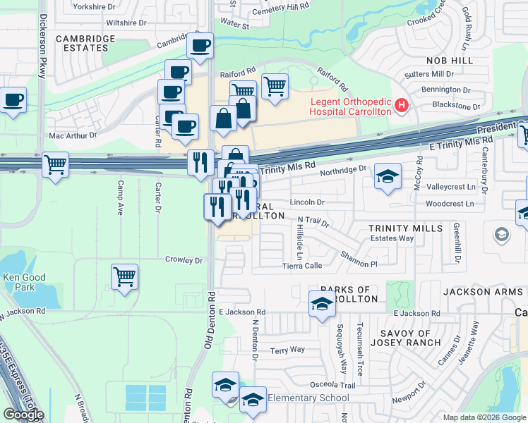 map of restaurants, bars, coffee shops, grocery stores, and more near 1306 North Trail Drive in Carrollton