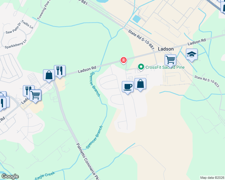 map of restaurants, bars, coffee shops, grocery stores, and more near 3648 Pimmit Place in Ladson
