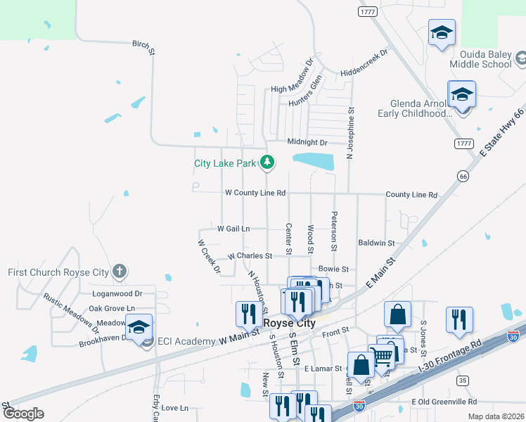 map of restaurants, bars, coffee shops, grocery stores, and more near 807 Live Oak Street in Royse City