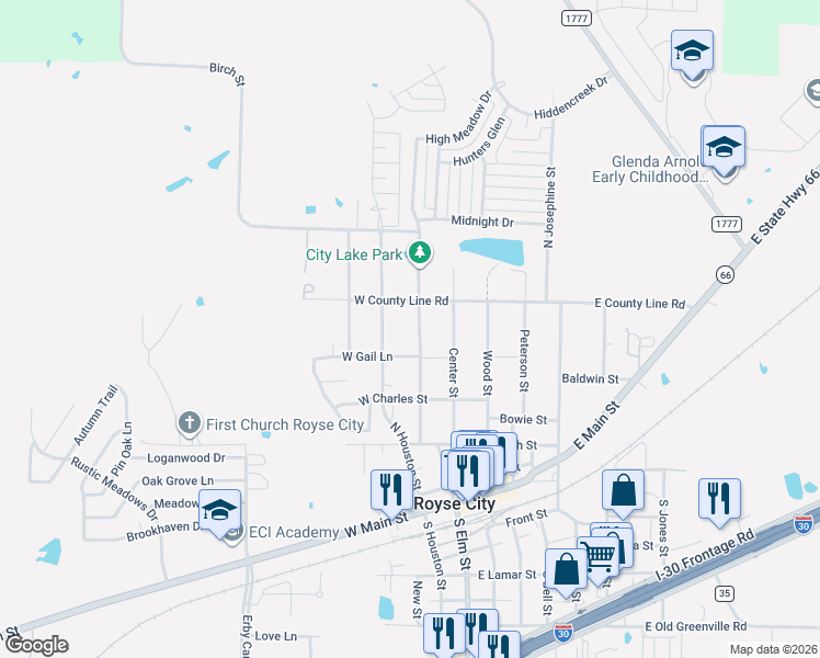 map of restaurants, bars, coffee shops, grocery stores, and more near 807 Live Oak Street in Royse City