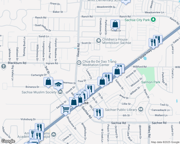 map of restaurants, bars, coffee shops, grocery stores, and more near 3109 Angie Place in Sachse