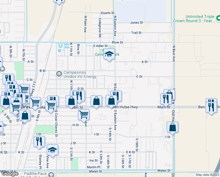 map of restaurants, bars, coffee shops, grocery stores, and more near 1351 E Street in Brawley