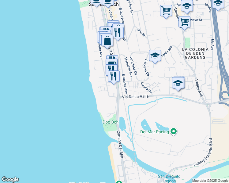 map of restaurants, bars, coffee shops, grocery stores, and more near 870 South Sierra Avenue in Solana Beach