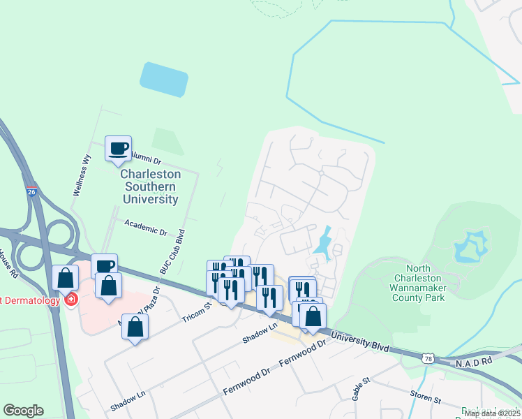 map of restaurants, bars, coffee shops, grocery stores, and more near 2600 Elms Plantation Boulevard in North Charleston