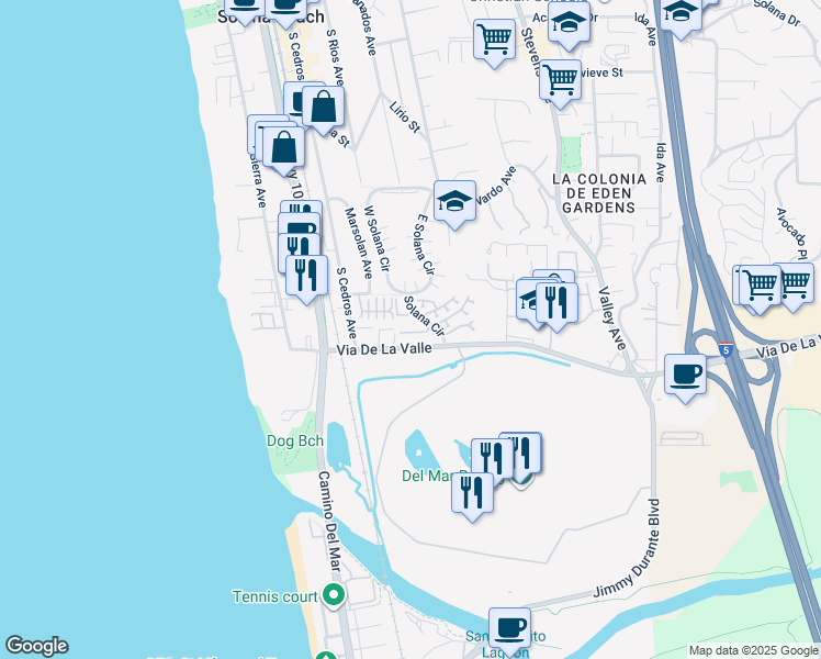 map of restaurants, bars, coffee shops, grocery stores, and more near 225 Turf View Drive in Solana Beach