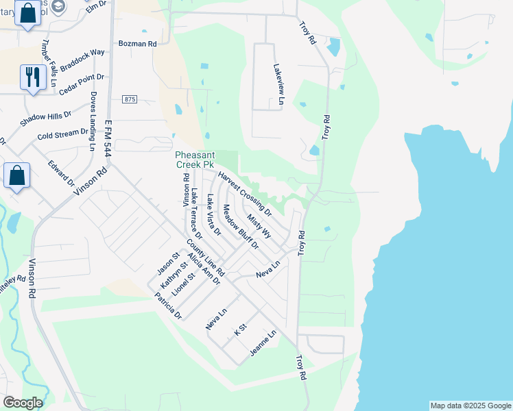 map of restaurants, bars, coffee shops, grocery stores, and more near 2902 Misty Way Drive in Wylie