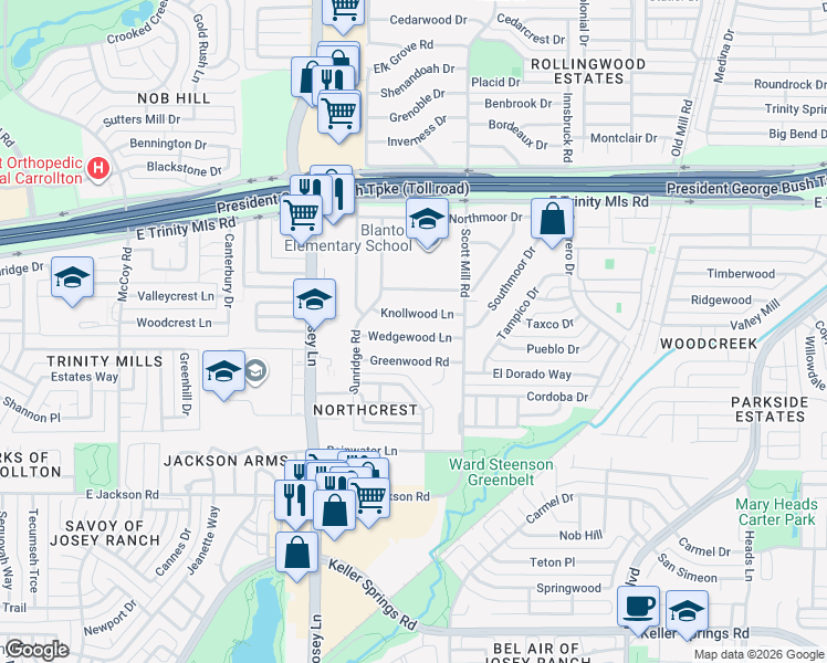 map of restaurants, bars, coffee shops, grocery stores, and more near 2014 Wedgewood Lane in Carrollton