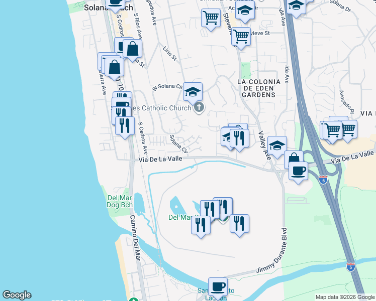 map of restaurants, bars, coffee shops, grocery stores, and more near 315 Arcaro Lane in Solana Beach