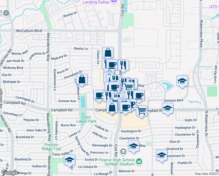 map of restaurants, bars, coffee shops, grocery stores, and more near 16631 Coit Road in Dallas