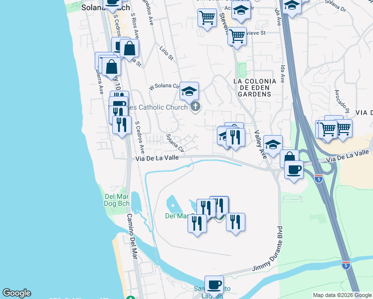 map of restaurants, bars, coffee shops, grocery stores, and more near 320 Via De La Valle in Solana Beach