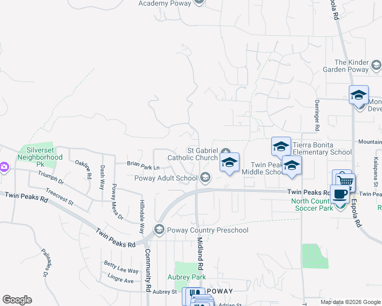 map of restaurants, bars, coffee shops, grocery stores, and more near 14760 Midland Road in Poway