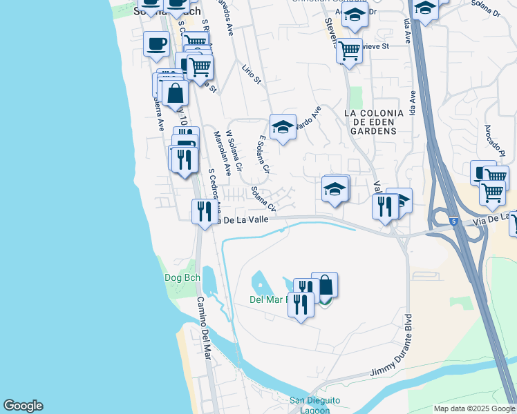 map of restaurants, bars, coffee shops, grocery stores, and more near 217 Turf View Drive in Solana Beach