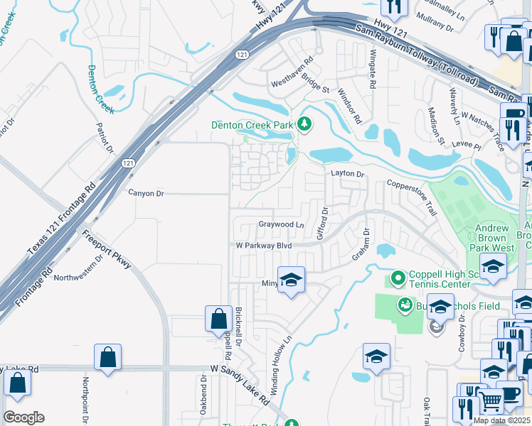 map of restaurants, bars, coffee shops, grocery stores, and more near 714 Graywood Lane in Coppell