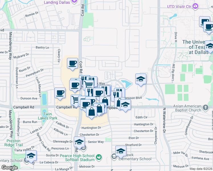 map of restaurants, bars, coffee shops, grocery stores, and more near 2117 Boulder Trail in Richardson