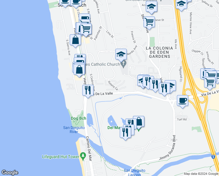 map of restaurants, bars, coffee shops, grocery stores, and more near 217 Turf View Drive in Solana Beach