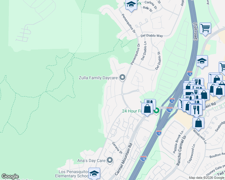 map of restaurants, bars, coffee shops, grocery stores, and more near 14613 Thebes Street in San Diego