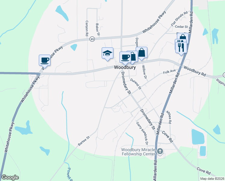 map of restaurants, bars, coffee shops, grocery stores, and more near 366 Bartee Road in Woodbury