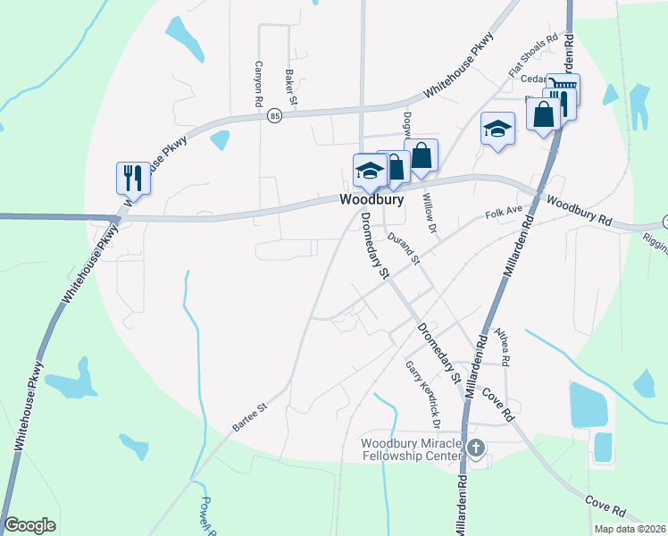 map of restaurants, bars, coffee shops, grocery stores, and more near 366 Bartee Road in Woodbury