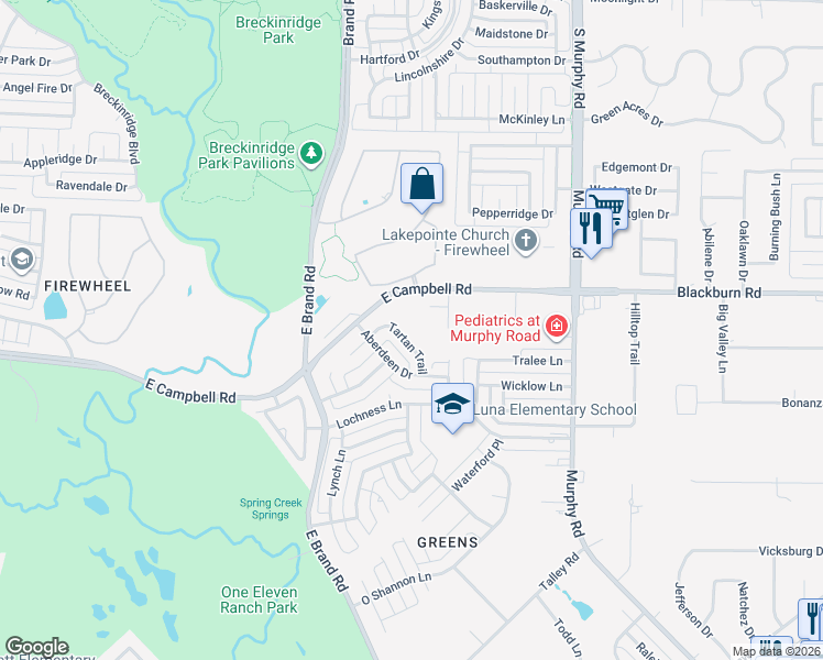 map of restaurants, bars, coffee shops, grocery stores, and more near 6914 Tartan Trail in Garland
