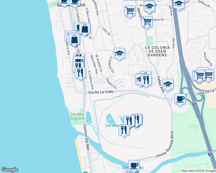 map of restaurants, bars, coffee shops, grocery stores, and more near 234 Turf View Drive in Solana Beach