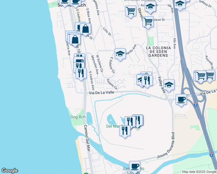 map of restaurants, bars, coffee shops, grocery stores, and more near 225 Turf View Drive in Solana Beach