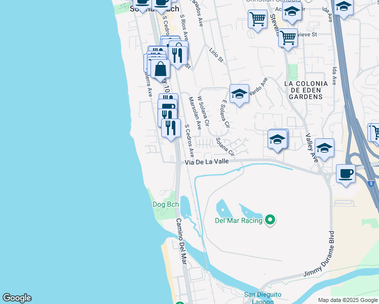 map of restaurants, bars, coffee shops, grocery stores, and more near 833 South Cedros Avenue in Solana Beach