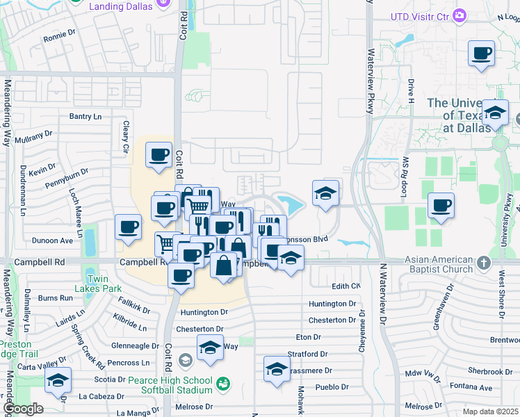 map of restaurants, bars, coffee shops, grocery stores, and more near 2106 Lucerne Cove in Richardson