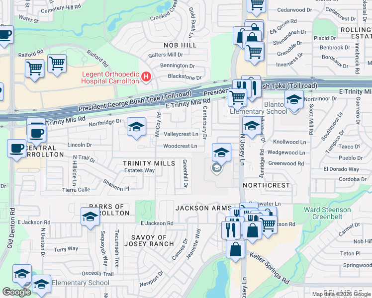 map of restaurants, bars, coffee shops, grocery stores, and more near 1613 Northland Street in Carrollton