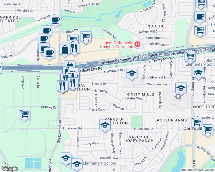 map of restaurants, bars, coffee shops, grocery stores, and more near 1415 North Trail Drive in Carrollton