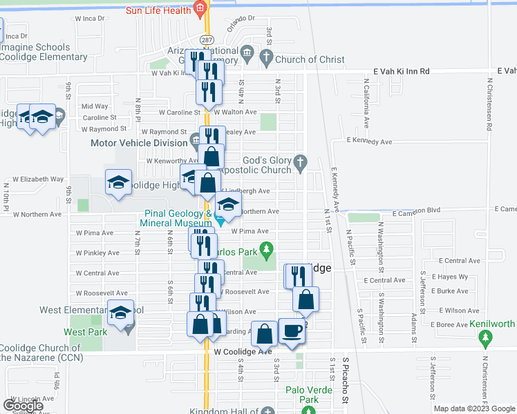 map of restaurants, bars, coffee shops, grocery stores, and more near 356 West Northern Avenue in Coolidge