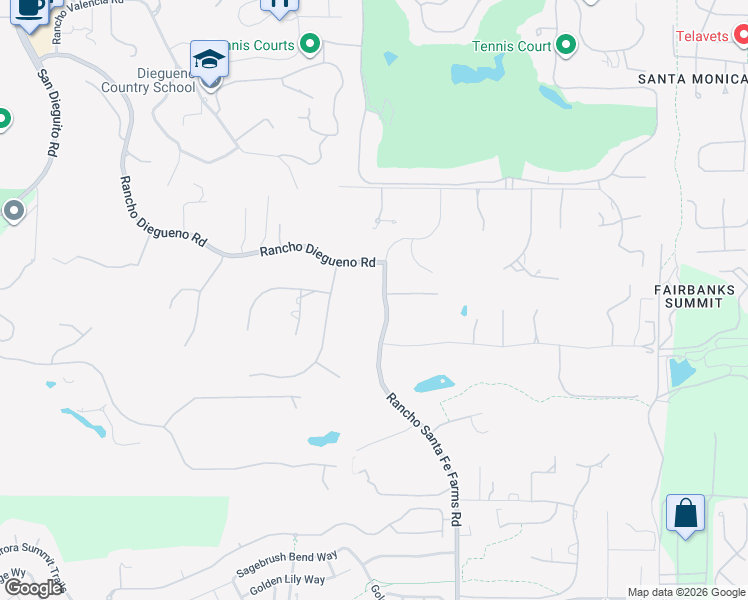 map of restaurants, bars, coffee shops, grocery stores, and more near 14741 Rancho Santa Fe Farms Road in Rancho Santa Fe