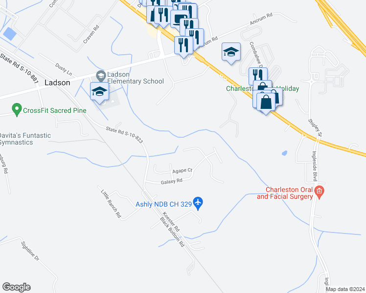 map of restaurants, bars, coffee shops, grocery stores, and more near 9492 Downy Bog Court in Ladson