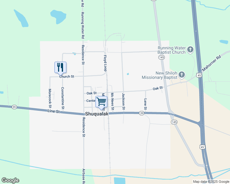 map of restaurants, bars, coffee shops, grocery stores, and more near 200 Oak Street in Shuqualak