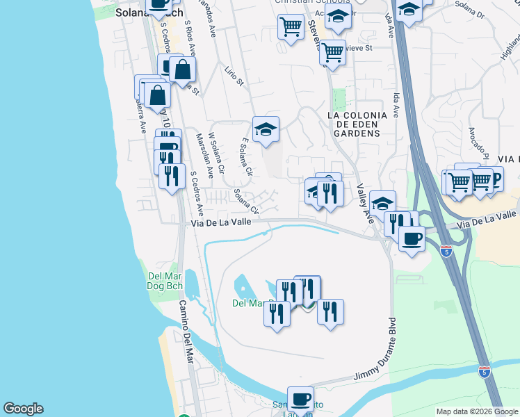 map of restaurants, bars, coffee shops, grocery stores, and more near 320 Via De La Valle in Solana Beach