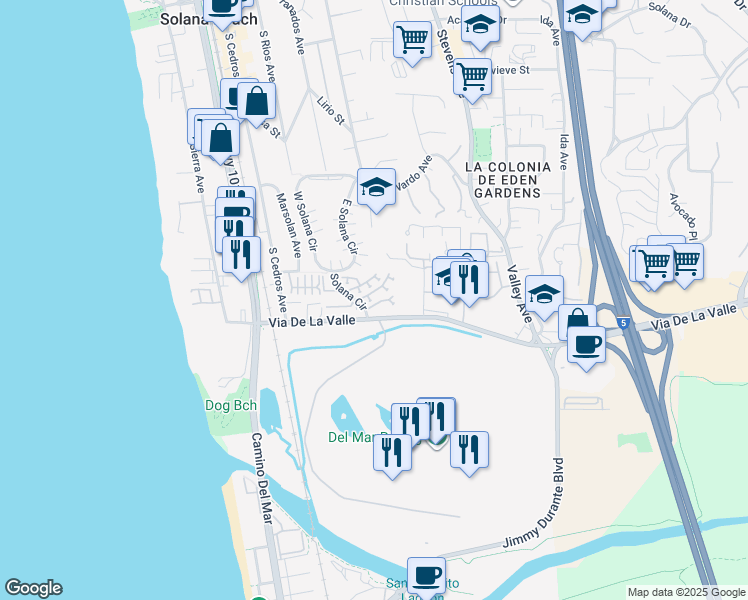 map of restaurants, bars, coffee shops, grocery stores, and more near 319 Longden Lane in Solana Beach