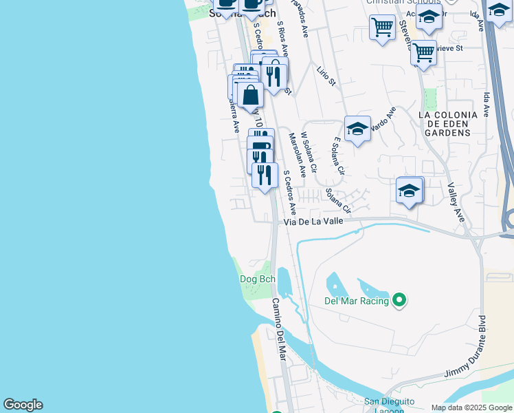 map of restaurants, bars, coffee shops, grocery stores, and more near 808 South Sierra Avenue in Solana Beach