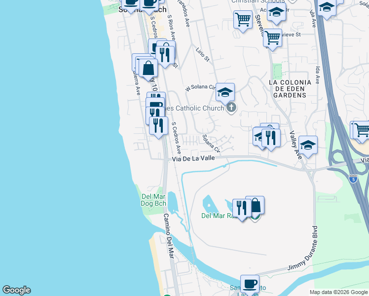map of restaurants, bars, coffee shops, grocery stores, and more near 834 South Cedros Avenue in Solana Beach