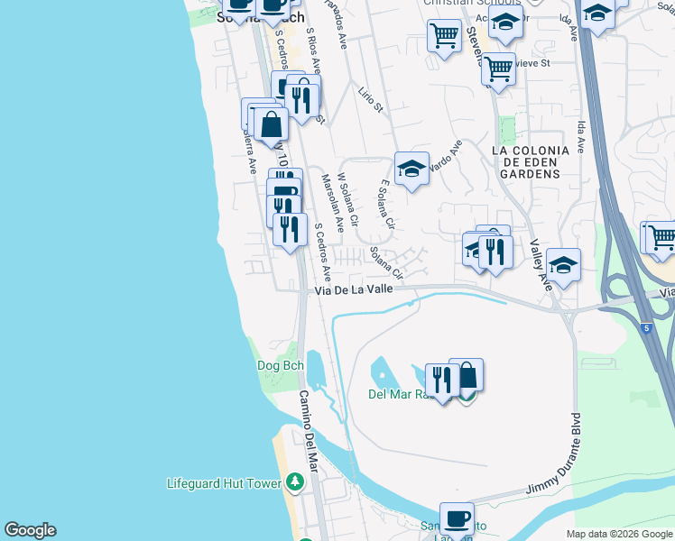 map of restaurants, bars, coffee shops, grocery stores, and more near 834 South Cedros Avenue in Solana Beach