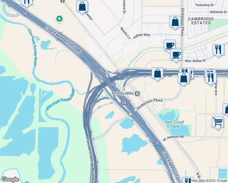 map of restaurants, bars, coffee shops, grocery stores, and more near 1635 Interstate 35E Frontage Road in Carrollton
