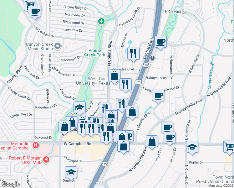 map of restaurants, bars, coffee shops, grocery stores, and more near 2301 North Central Expressway in Richardson