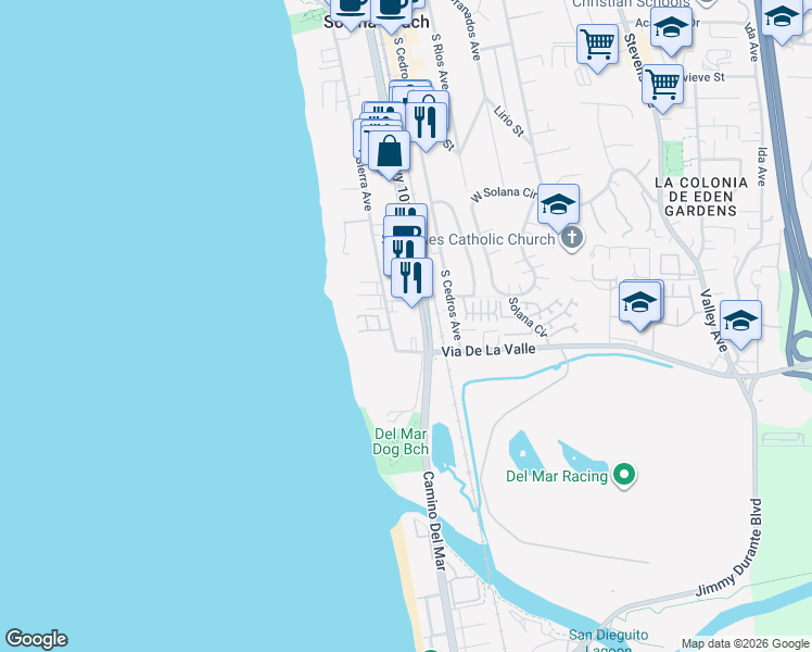 map of restaurants, bars, coffee shops, grocery stores, and more near 808 South Sierra Avenue in Solana Beach