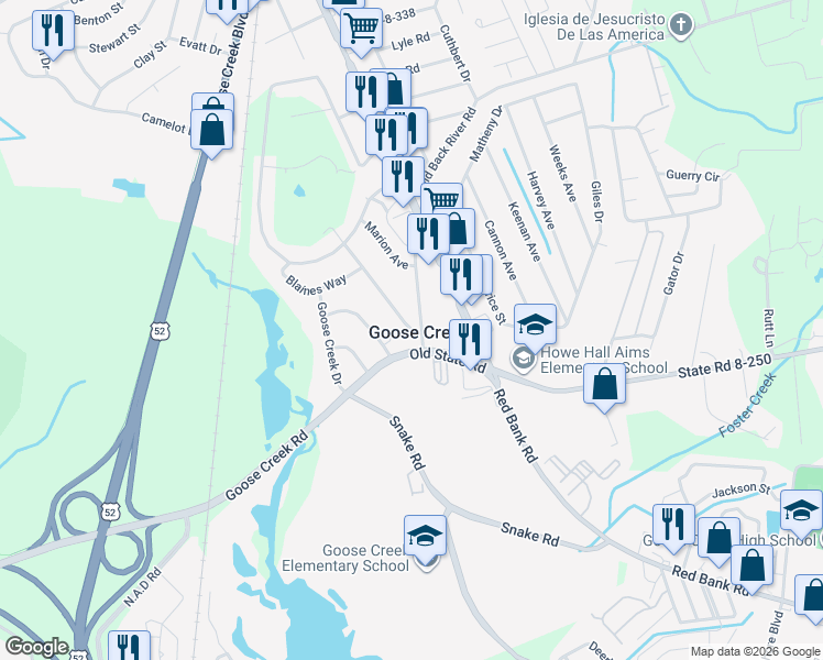 map of restaurants, bars, coffee shops, grocery stores, and more near in Goose Creek